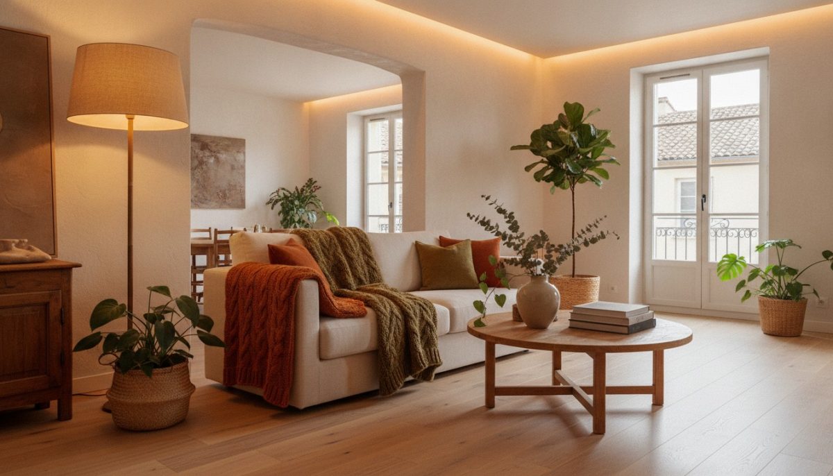 Salon chaleureux avec plaids et plantes